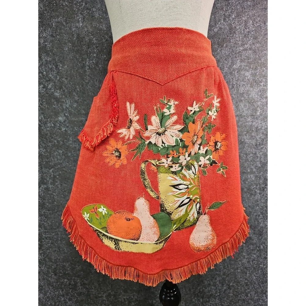 Vtg 60s Sue Sets NY Burlap Waist Apron, Fruit Floral Applique, Orange